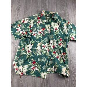 Evergreen Island Mens 2XL Hawaiian Aloha Shirt Green Hibiscus Parrot Floral